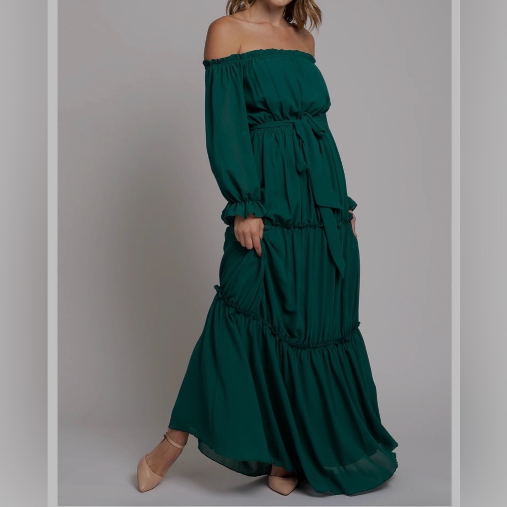 Pink blush forest green tierd off the should dress